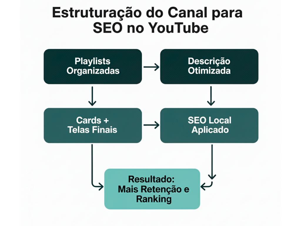Fluxograma explicativo mostrando como estruturar um canal para SEO no YouTube. O diagrama contém cinco elementos conectados por setas: na primeira linha, 'Playlists Organizadas' à esquerda e 'Descrição Otimizada' à direita; abaixo, 'Cards + Telas Finais' e 'SEO Local Aplicado'; e na parte inferior, 'Resultado: Mais Retenção e Ranking', destacando o benefício final da estratégia.