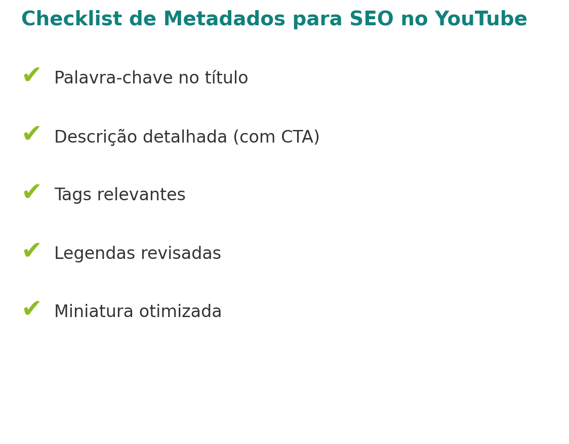 Checklist visual com cinco práticas essenciais para SEO no YouTube: palavra-chave no título, descrição detalhada com CTA, tags relevantes, legendas revisadas e miniatura otimizada, usando paleta de cores verde e branco.